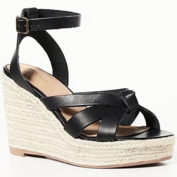 Soludos Charlotte Knotted Black Leather Wedge Espadrille Platform Sandal 10 - Picture 7 of 13